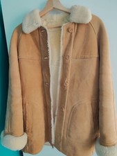 Camel Tan Shearling Coat Real Sheepskin Suede Leather Warm Jacket Size S/10