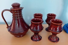 Beautiful Vintage Denmead Pottery Brown Glazed Tall Jug Pitcher With 4 Goblets