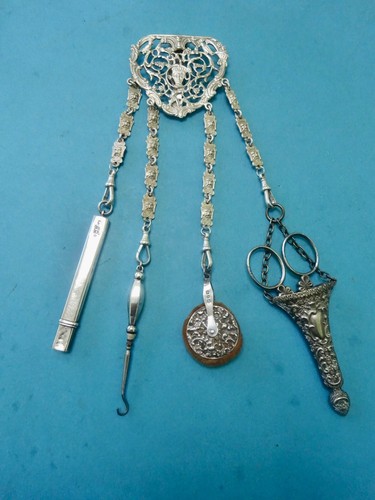 Antique white metal chatelaine - white,