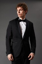 Burton Mens Tuxedo Jacket Black Slim Fit Shawl Collar Satin Lapels