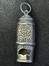 Antique Vintage Sterling Silver Working Whistle Engraved Scrollwork Charm Fob