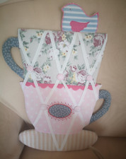 Pink  Floral Teacups Padded Fabric Notice Pin Memo Board- display photos notes