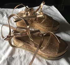 Ladies Rose Gold Wrap Around Cork Wedge Diamanté Sandals size 4