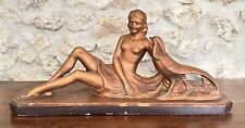 French Art Deco Sculpture Gilded Plaster On Marble Lady With Bird Signed 1930s