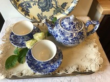 Rare Exclusive Chintzware Laura Ashley Tea Pot & 2 Cups & Saucers Blue ChintzVGC