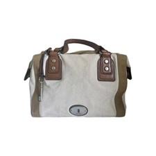 Fossil Ivory Canvas Handbag Brown Leather Handle Key decor