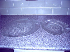 2 Vintage Clear Glass Fish Shaped Serving Platters 12" & 15" in good con