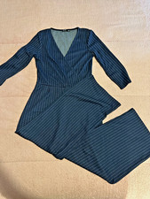 Bershka Stretch Jumpsuit Women’s M Navy Blue Pinstripe Wide Leg Smart Casual VGC