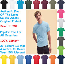 Unisex Mens Womens T shirt Fruit Of The Loom Original Tee 21 Colours Up To 5XL