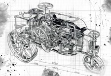 1800s Farm Tractor   Cutaway Line Tech Art Drawing Poster Print