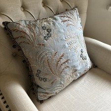 Large Designer Duck Egg & Neutral Beaded And Embroidered Floral/ Leaf Cushion