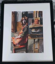 Robert Lenkiewicz Watercolour/Pen,Eliza seated with easelc.o.a.new Frame 40x30cm