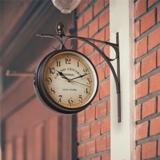 Double Sided Wall Clock Hanging Silent Movement Outdoor Garden Station Bracket