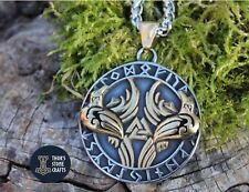 Viking Raven Pendant Necklace Odin's Ravens Valknut Two Sided Stainless Steel