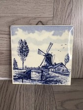 Blue & White Porcelain Stoneware Windmill 4" Wall Tile - Delft  Style - Dutch