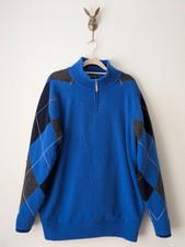 PGA TOUR ARGYLE SWEATER 1/4 Zip Blue Diamond Size Large Lambswool Windproof Golf