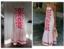 Zara Pink Embroidered Maxi Summer Holiday Cotton Strappy Dress, Bloggers Fav Med