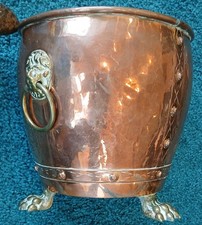Antique Copper & Brass Coal Bucket with brass claw feet & lion handles