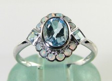 DAINTY 9k 9CT WHITE GOLD AQUAMARINE OPAL ART DECO INS CLUSTER  RING Size Q 1/2