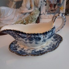 FLOW BLUE CHATSWORTH K-A CO. LATE MAYERS  GRAVY BOAT DAMAGED CIRCA 1900
