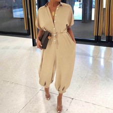 Women Button V Neck Jumpsuit