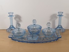 Antique 1930s Art Deco Blue Glass Dressing Table Set 7 Pieces In VGC