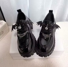 Womans Black Platform Cosplay Punk Goth Grunge Alt Bat Design Lolita Pumps Shoes