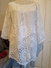 Fashion Brand White Embroidered Boho Long Bell Sleeve Tunic Top Cotton Blend 16