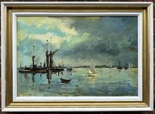 Paul Brown (British, 20th Century) : "Boats on the  River", signed oil on board
