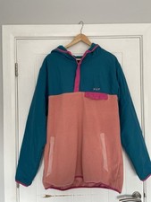 HUF Mens Blue Pink Fleece Logo Jacket Muir Hooded Pullover Size L Skateboarding