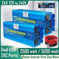 2500W/5000W Power Inverter Pure Sine Wave 12V 24V to 240V USB Converter Camping