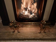 3 x Vintage / antique solid brass ball & claw fire irons and 2 matching andirons