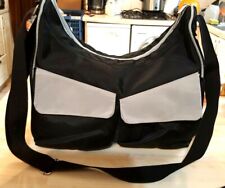 15x11x5" black /grey/2 front pockets,2 dividers, nappy change mat, shoulder Bag