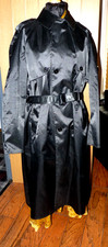 rare English shiny black satin rubber lined mackintosh trench raincoat with belt