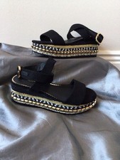 RIVER ISLAND BLACK GOLD EMBELLISHED WEDGE OPEN TOE SANDALS SHOES SIZE 6 NEW 