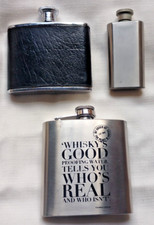 3 nice vintage hip flasks - ALL STAINLESS STEEL - 1.7oz - Leather 4oz - 6oz.