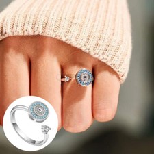 Spinning Blue Diamond Evil Eye Anti-anxiety Ring 18K White Gold Plated Jewellry