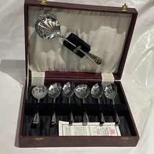 Spoons x 6 With Serving Spoon Chromoid Nickel Silver Stamp Ornate Dessert in box