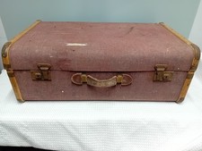 Vintage Canvas Wood Suitcase with Wooden Banding and a Couple of Labels