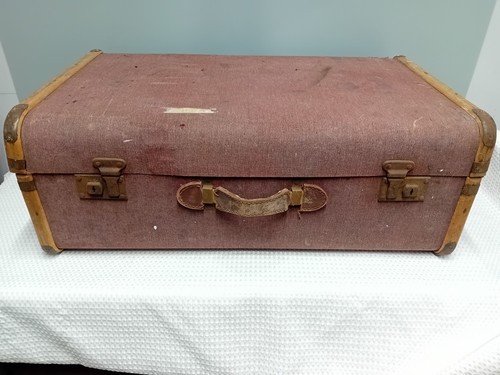 Vintage canvas wood suitcase - wood,