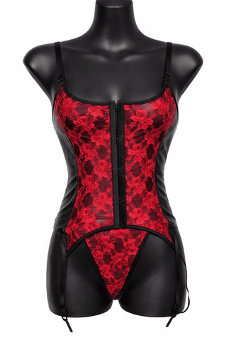 Ladies red lace black pvc - red,
