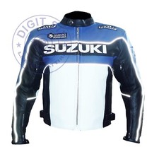 Suzuki Riding Motorcycle Leather Jacket Motorbike Jacket Blue Thick Cowhide Coat