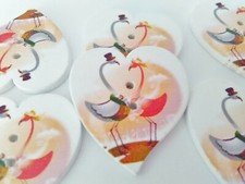 6 White Heart Flamingo Buttons