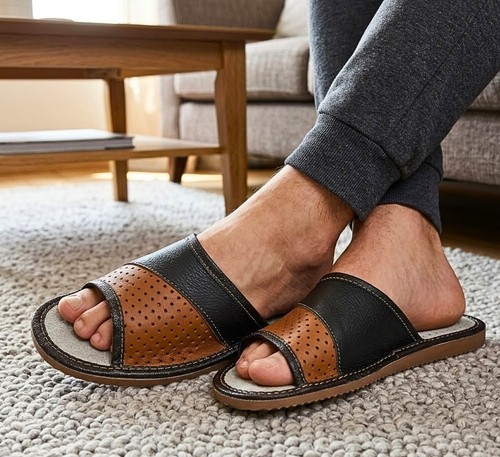 Mens leather slippers open toe - slippers,
