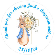 48 Personalised Christening Baptism Stickers PETER RABBIT  40mm Labels