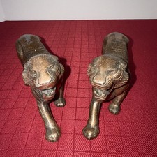 Pair Of Antique Painted Spelter Roaring Tigers Copper Color 4” Tall 9.5” Long