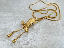 Vintage 80s Gold Plated Cowboy Spur Boot Pendant Chain Necklace Lariat Bolo Tie