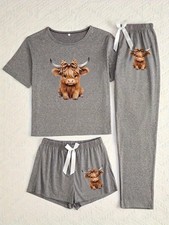 Ladies Highland Cow Pyjamas - 3 Piece PJs Gift Size Grey 8, 10, 12/14 16 Girls