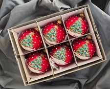 Hand Painted Glass Baubles set of 6  Christmas Tree Decorations 80 mm ornaments.