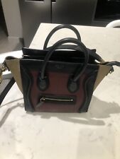 Auth CELINE Luggage Nano Shoulder and Hand Bag Black/Beige/Aubergine